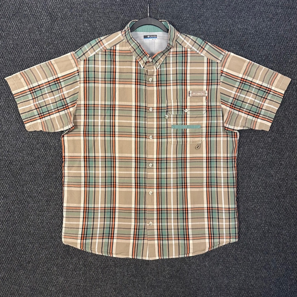 Columbia PHG Hunting Shirt Men XXL Tan Plaid Short Sleeve Vented Outdoor